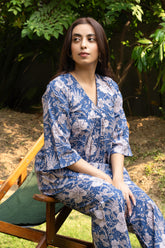 Blue Floral Printed Pure Cotton Block Printed Co-ord Set